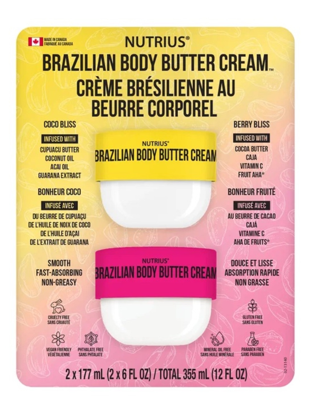 NUTRIUS Brazilian Body Butter Cream 2 packs 177 ml each new sealed